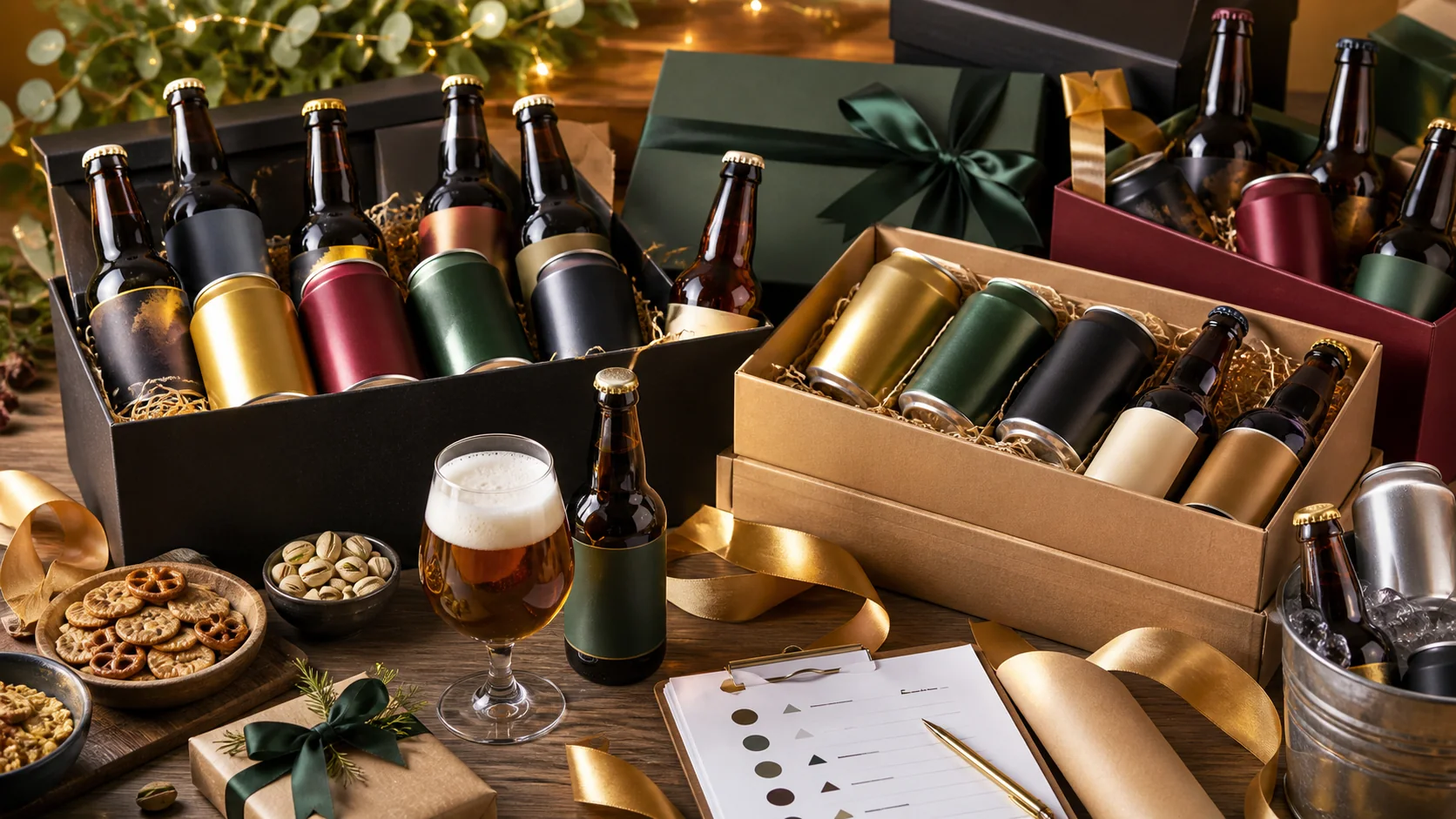 Beer gift boxes with bottles, cans, snacks, ribbons, and tasting cards.
