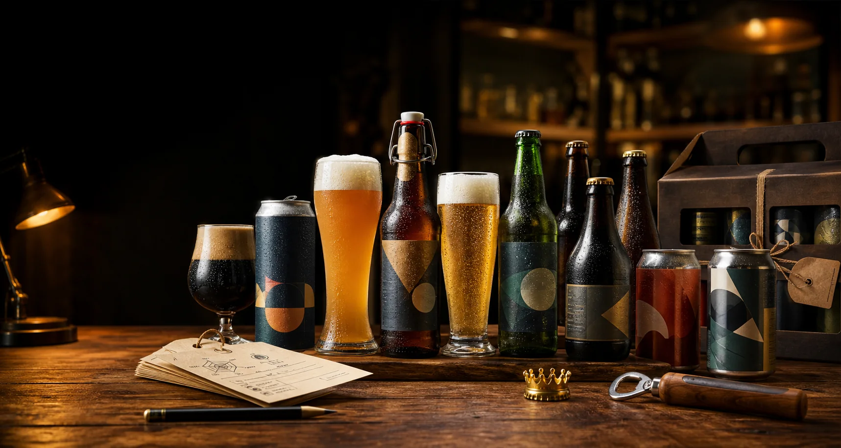 Beer tasting table with several beer glass shapes.