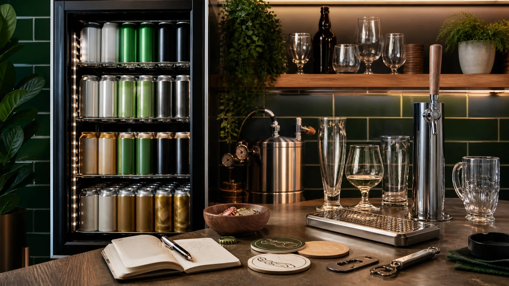 Home beer bar with beverage fridge, glasses, tap, openers, and notebook.