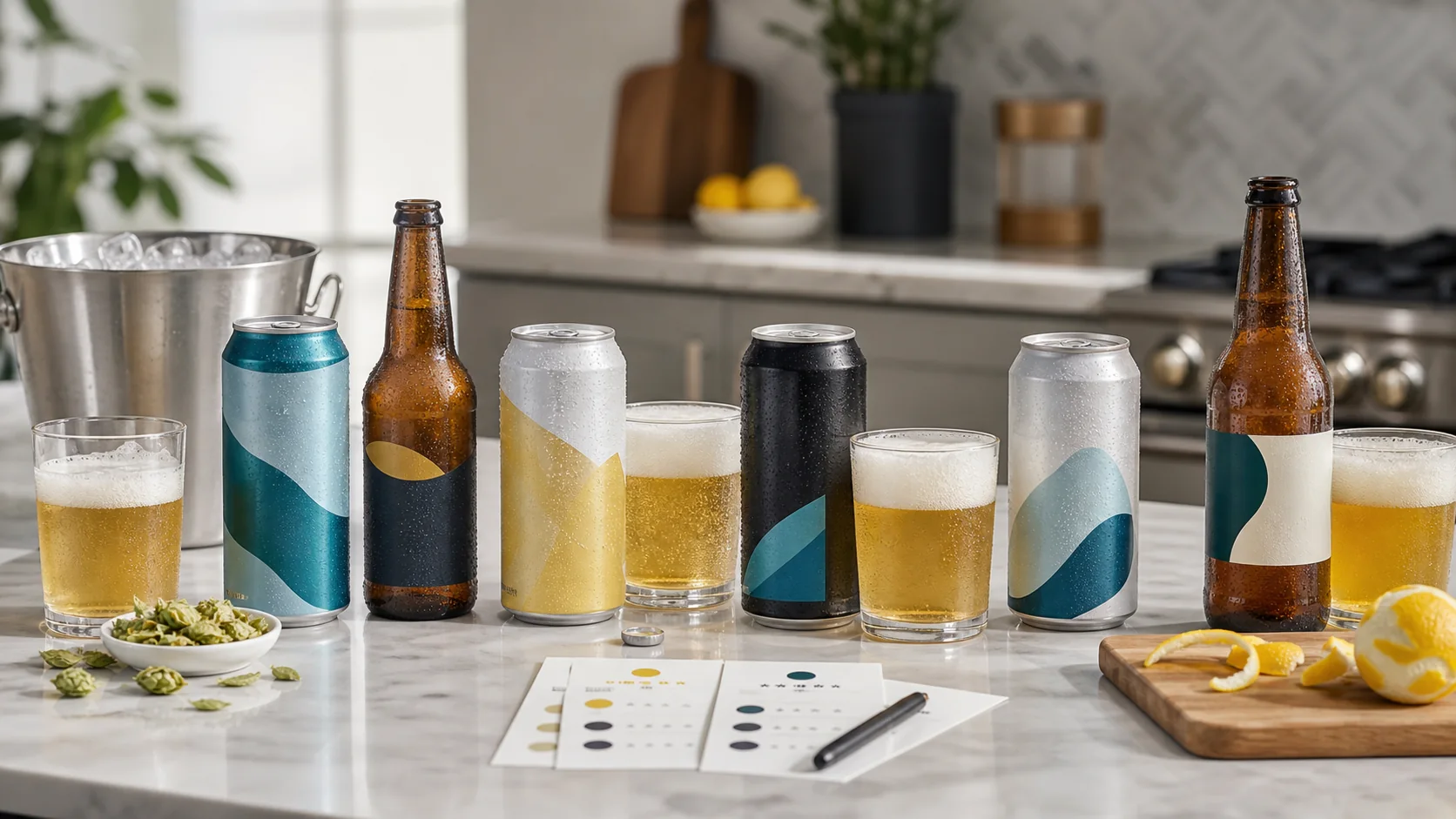 Non-alcoholic beer tasting lineup on a bright kitchen counter.