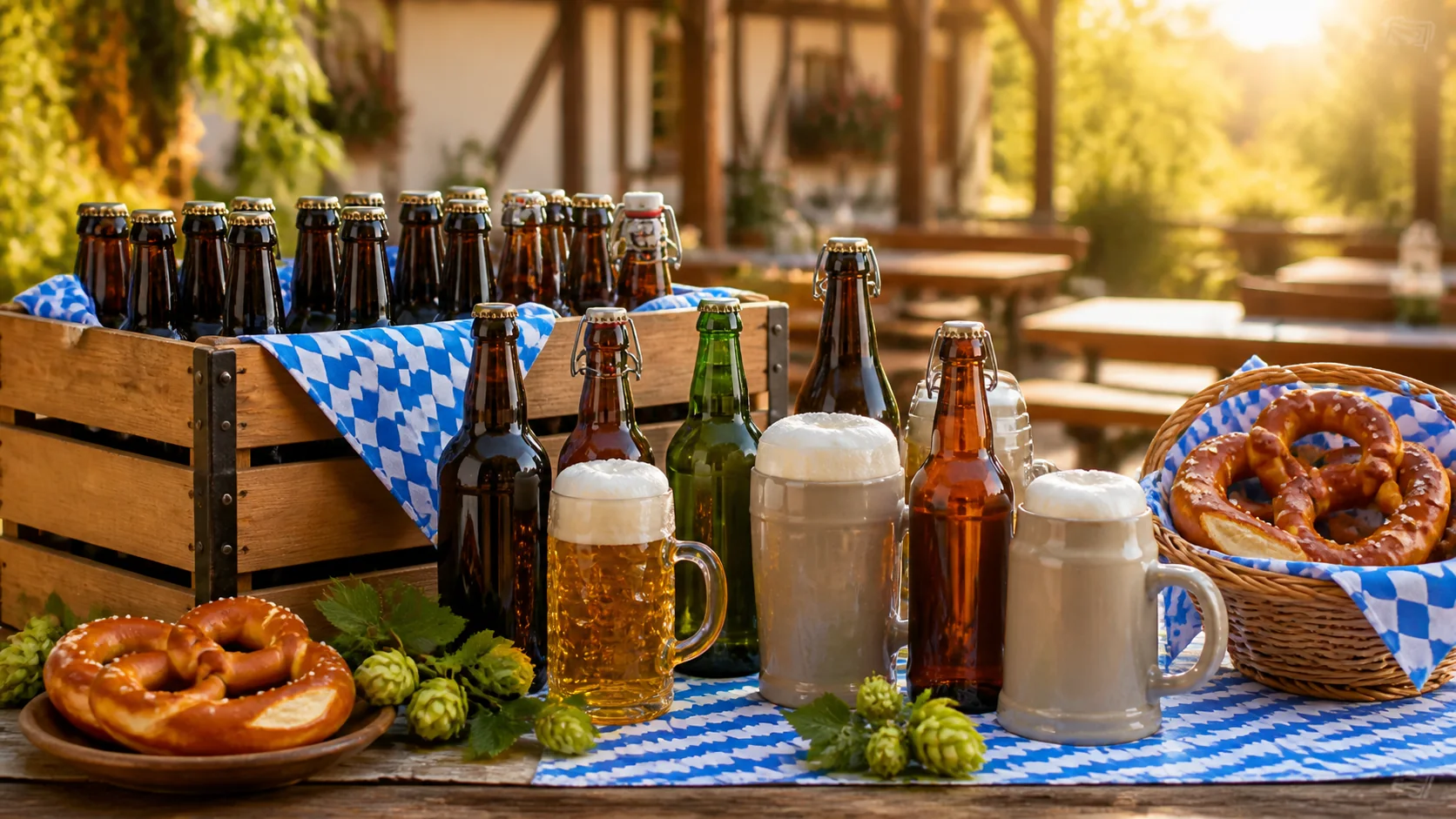 Oktoberfest beer garden table with bottles, steins, pretzels, hops, and a crate.